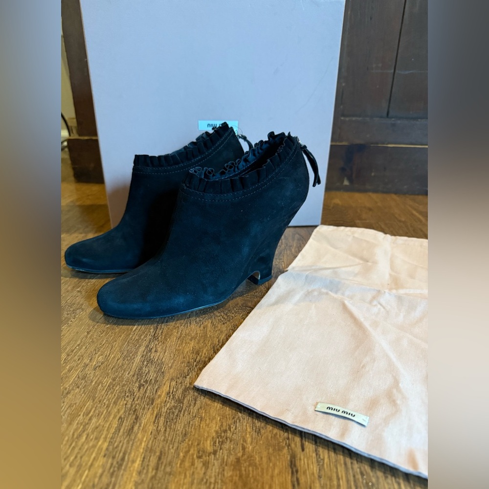 Miu Miu Suede Back Zip Wedge Heeled Booties Size 38.5